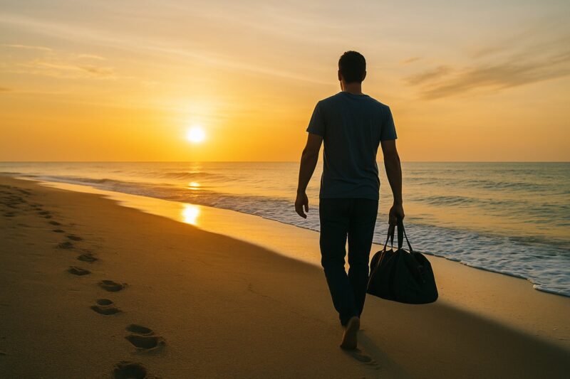 man walking toward ocean halfway house after detox recovery transition