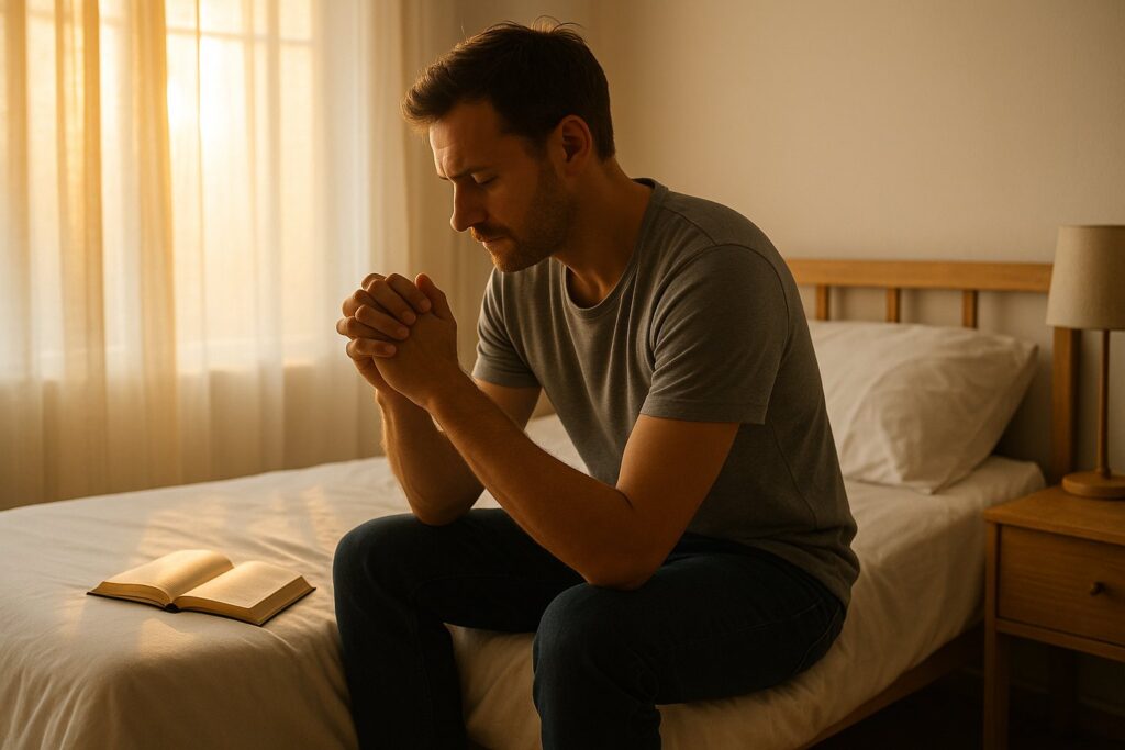 man sitting on bed reflecting in morning light symbolizing serenity prayer meaning in recovery