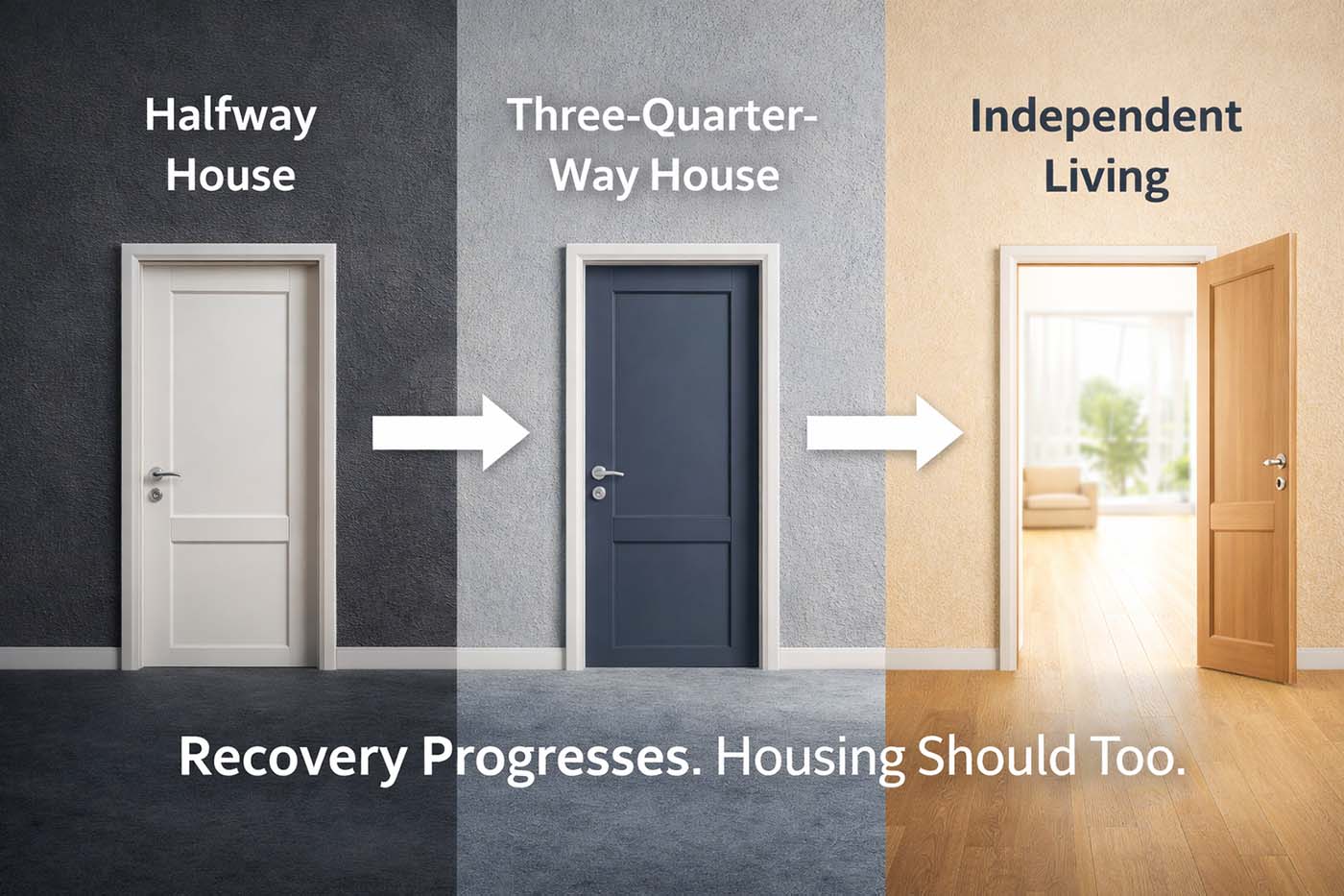 Three quarter way house versus halfway house showing recovery progression from structured housing to independent living