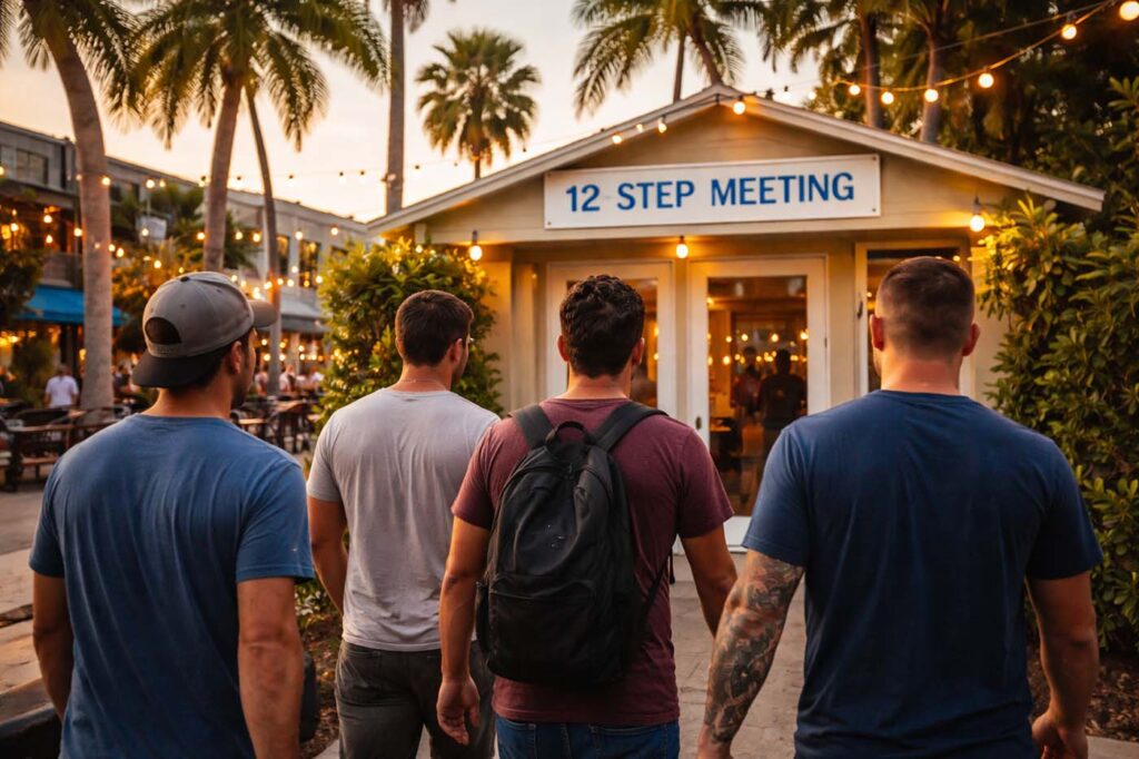 Men walking toward a 12-step meeting in Delray Beach as part of a structured halfway house Palm Beach County recovery program.