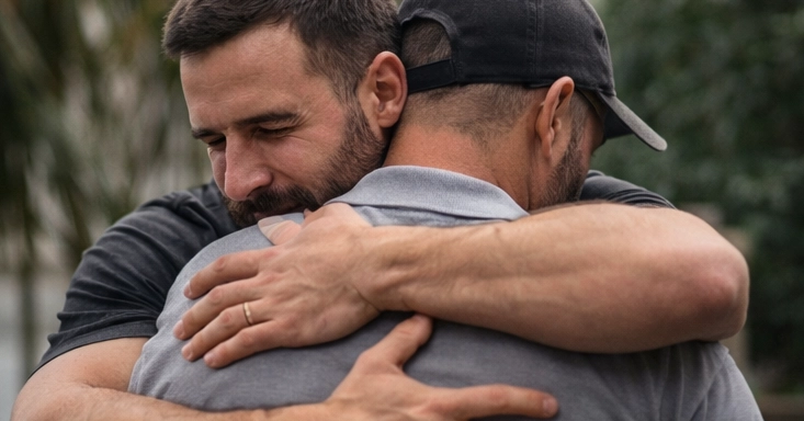 Two men embracing in support during addiction recovery, showing why recovery work matters through connection and brotherhood in sobriety