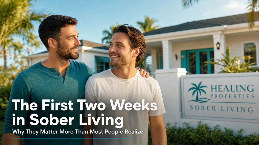 first two weeks in sober living — men supporting each other at Healing Properties Delray Beach