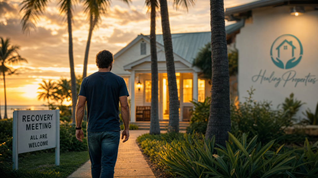 sober living Palm Beach County — man walking toward a recovery meeting at golden hour in Delray Beach Florida